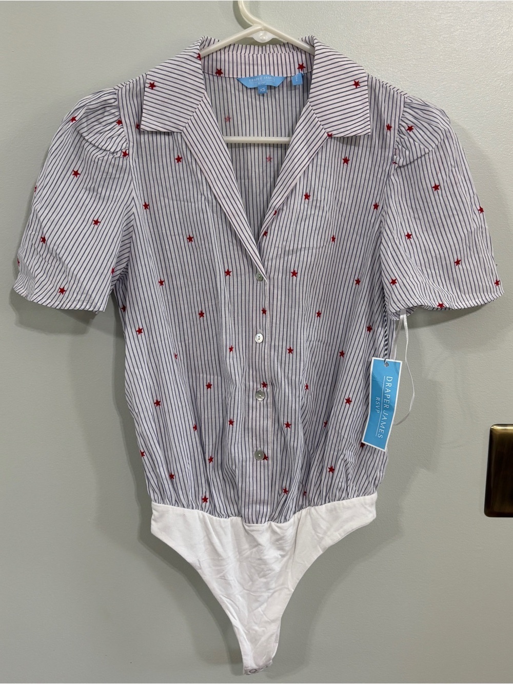 Draper James Blue Pinstripe Button-Front Bodysuit with Red Star size XS